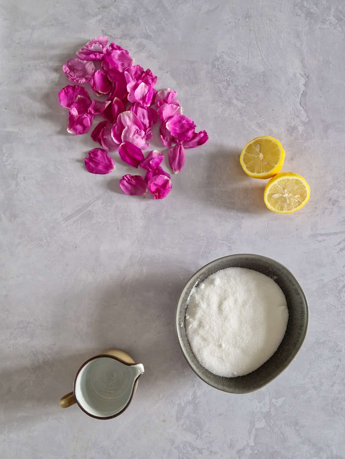 The ingredients to make rose lemonade from rosehip petals.