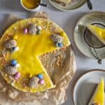 A no bake lemon curd cheesecake with Easter chocolate decorations.