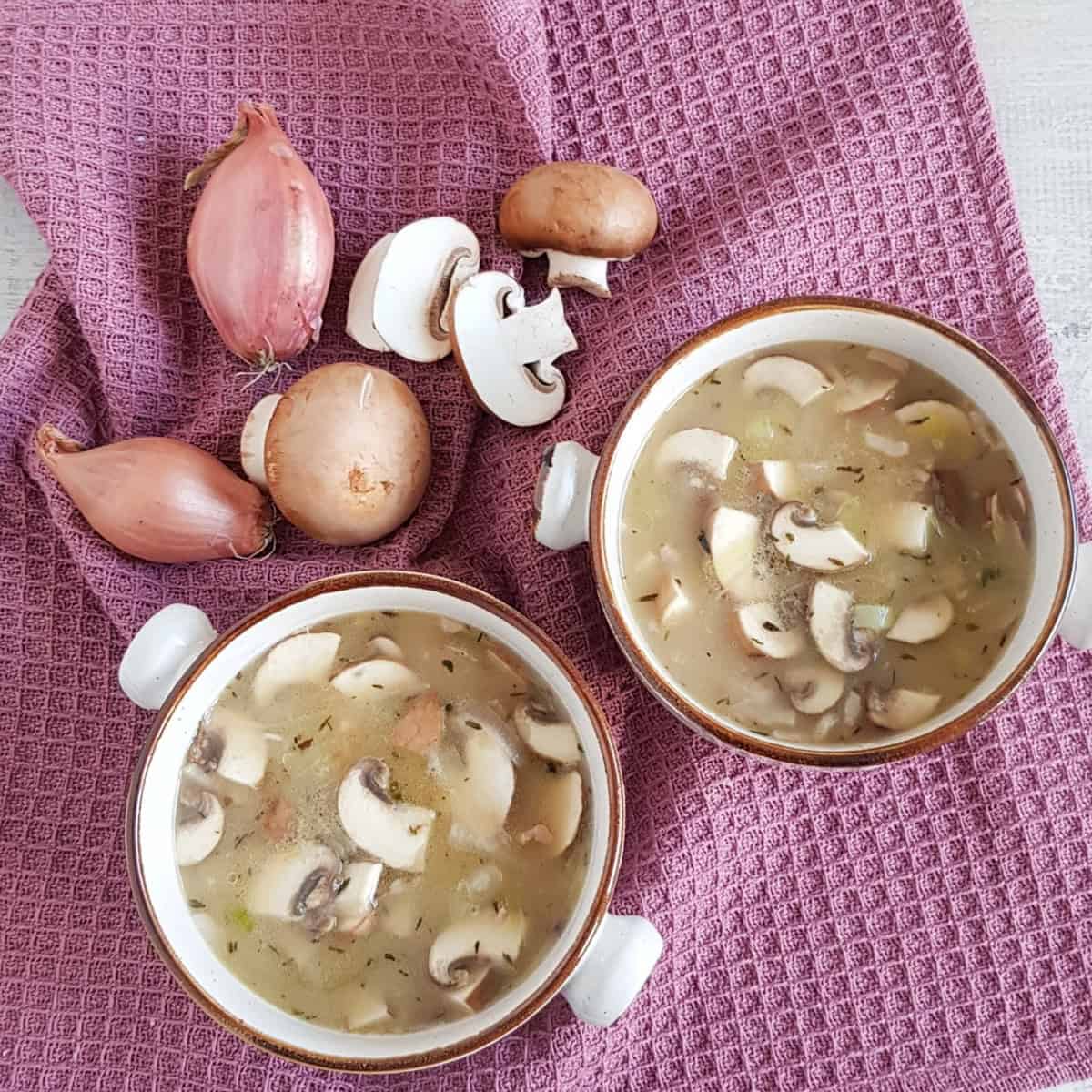 A bowl of leek mushroom soup on a purple serviet.